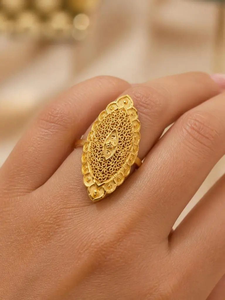 AI Generated 1 Gram Gold Long Jaali Ring – Lifestyle Worn Shot