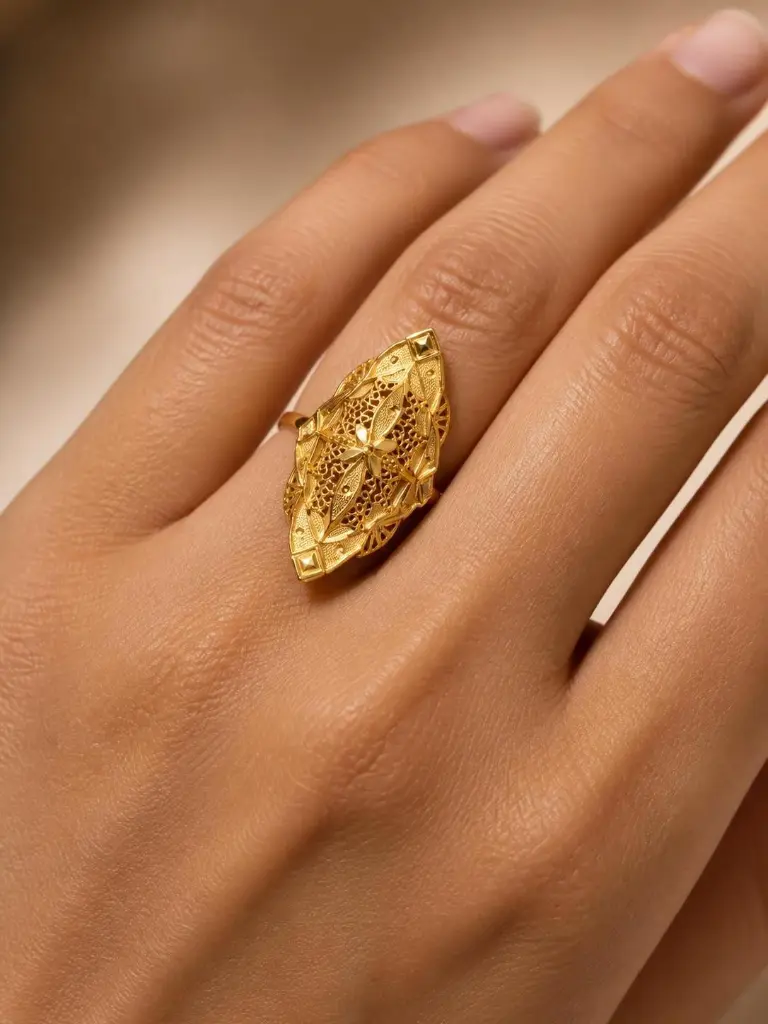 AI Generated 1 Gram Gold Floral Leaf Ring – Luxury Worn Product Shot