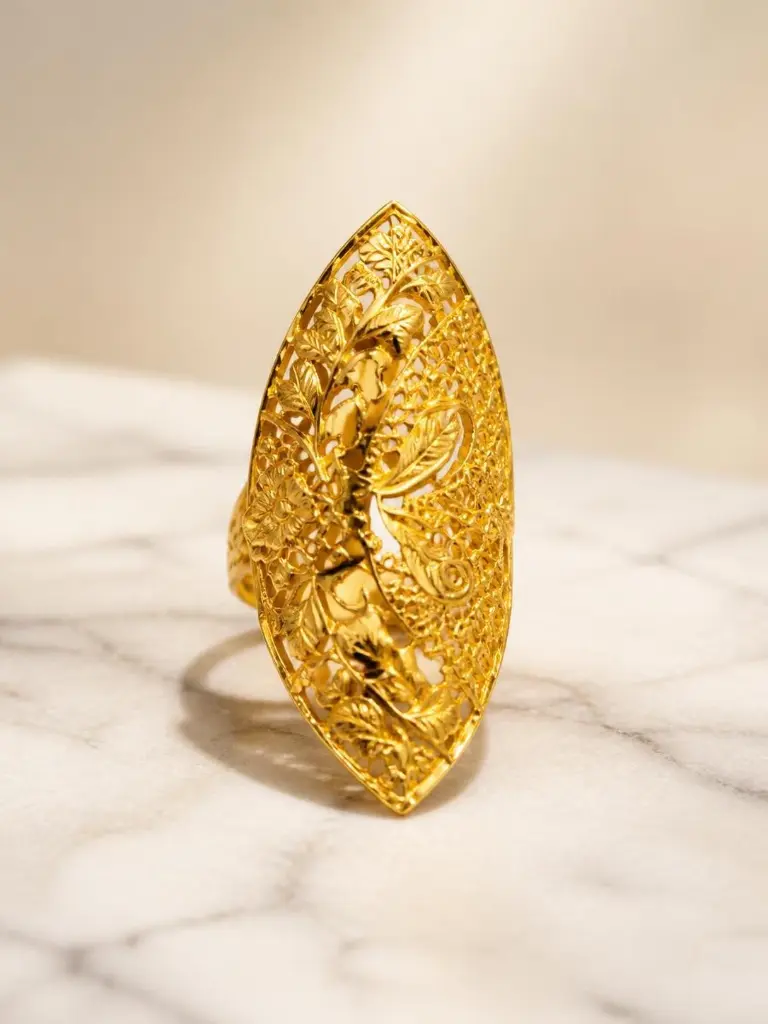 AI Generated 1 Gram Gold Vine & Floral Engraved Ring | Free Size - Ecommerce Product Image