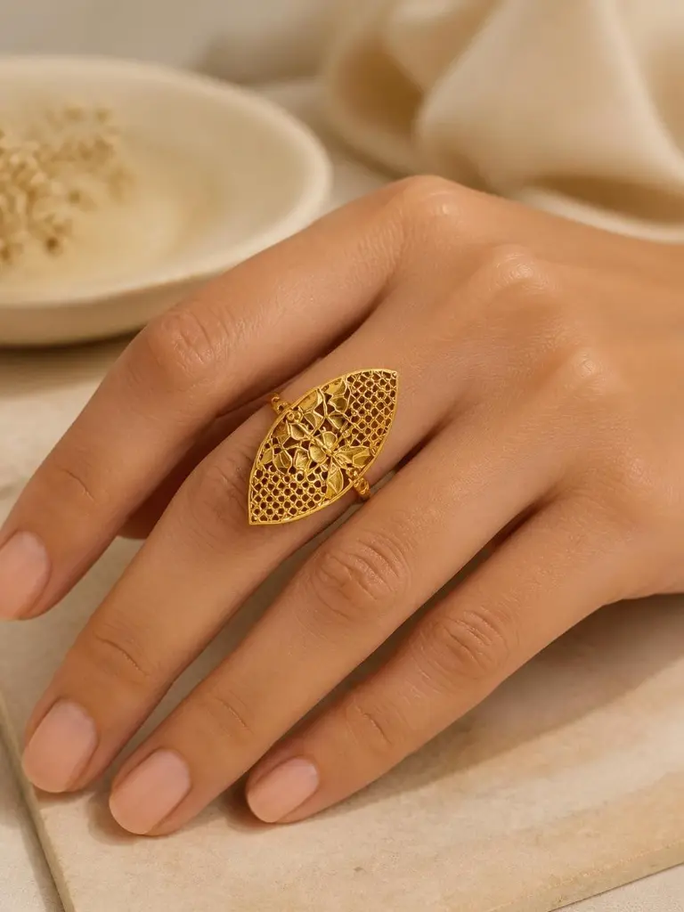 AI Generated 1 Gram Gold Net Jaali Flower Ring - Premium lifestyle product photo