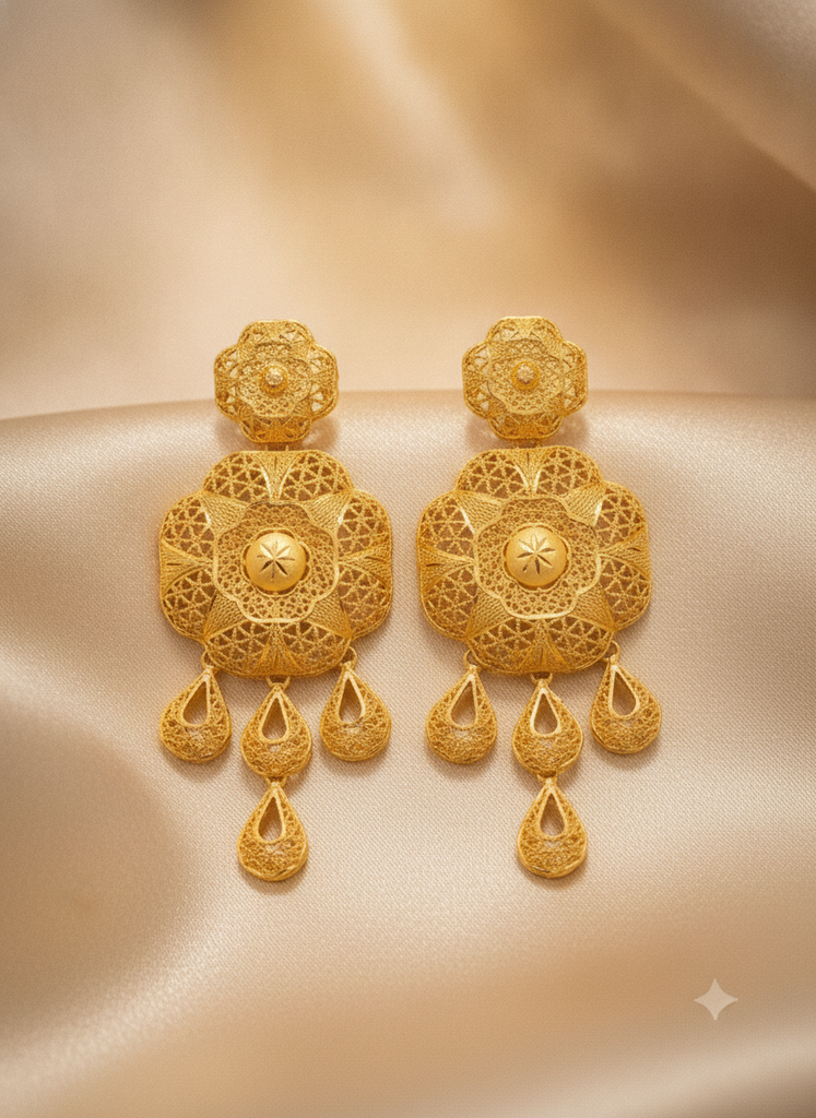 AI Generated Royal Filigree Floral Drop Earrings - Luxury Silk Setting