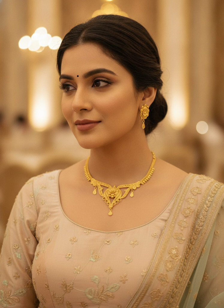 AI Generated Gold Plated Floral Necklace Set on Model