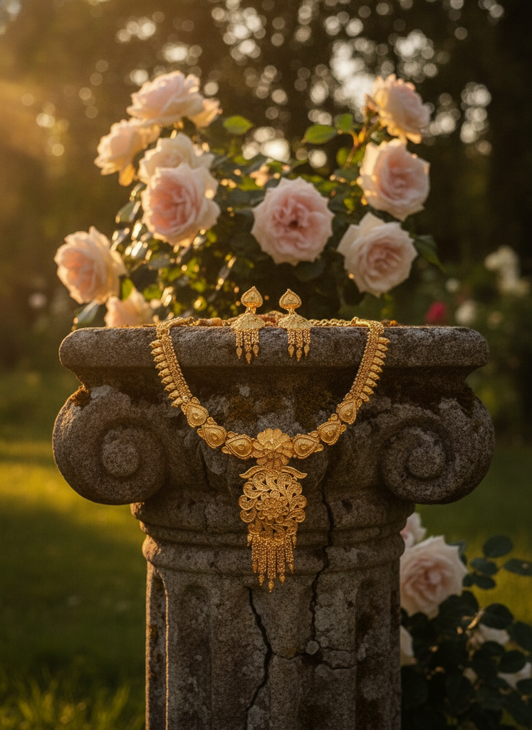 AI Generated Gold Plated Floral Necklace & Earring Set Garden Display
