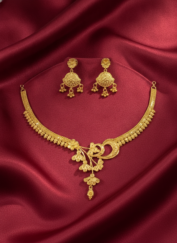 AI Generated Gold Plated Floral Choker & Jhumki Set on Silk