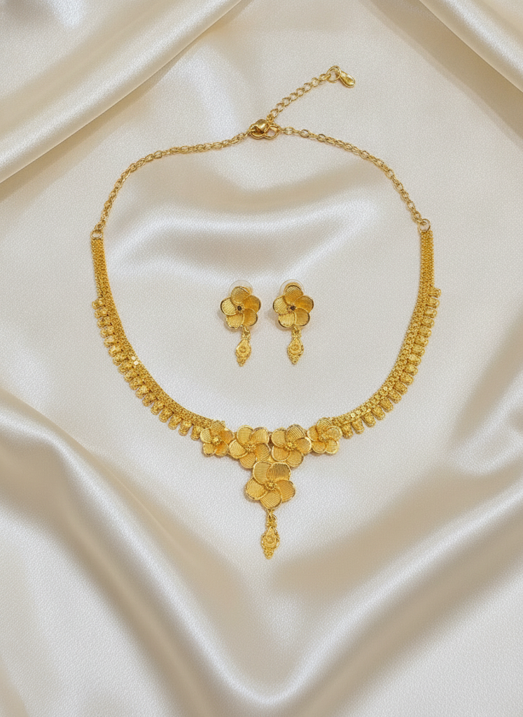 AI Generated Gold Plated Floral Cluster Necklace Set on Ivory Silk