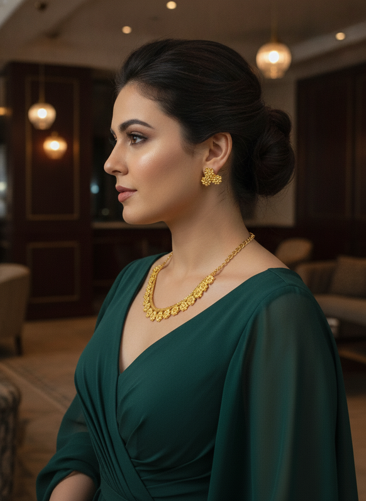 AI Generated Gold Plated Floral Motif Necklace & Stud Earring Set Lifestyle