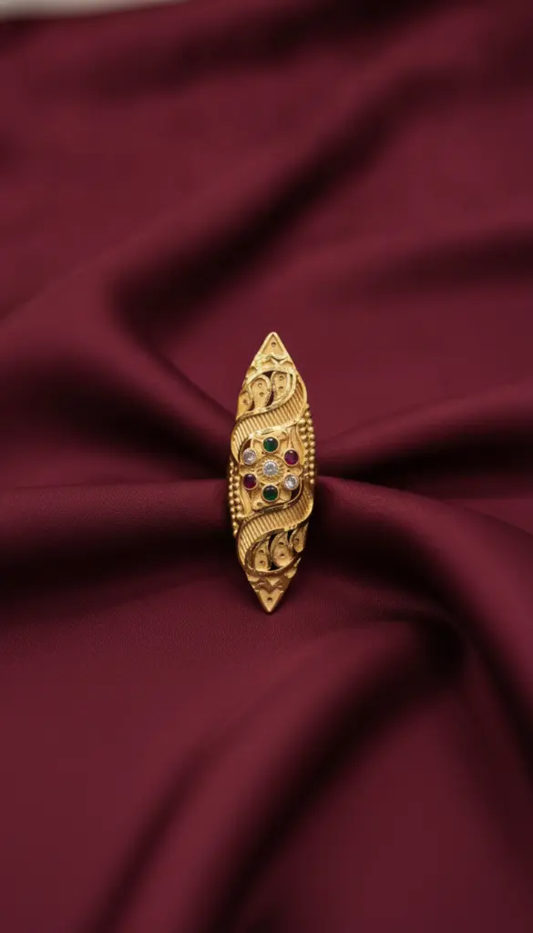 AI Generated 1-Gram Gold-Plated Traditional Long Ring 2 - Maroon Silk Setting