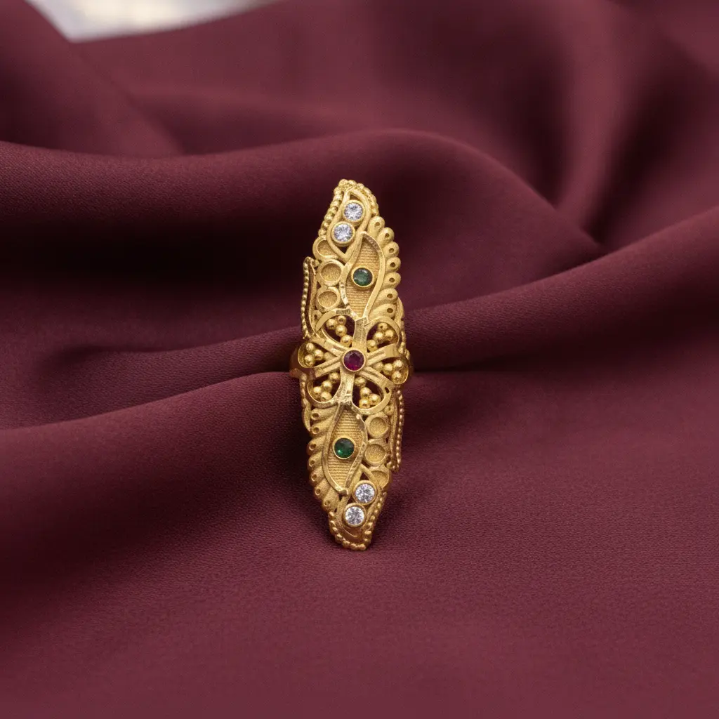 AI Generated 1-Gram Gold-Plated Traditional Long Ring 5 on Maroon Fabric