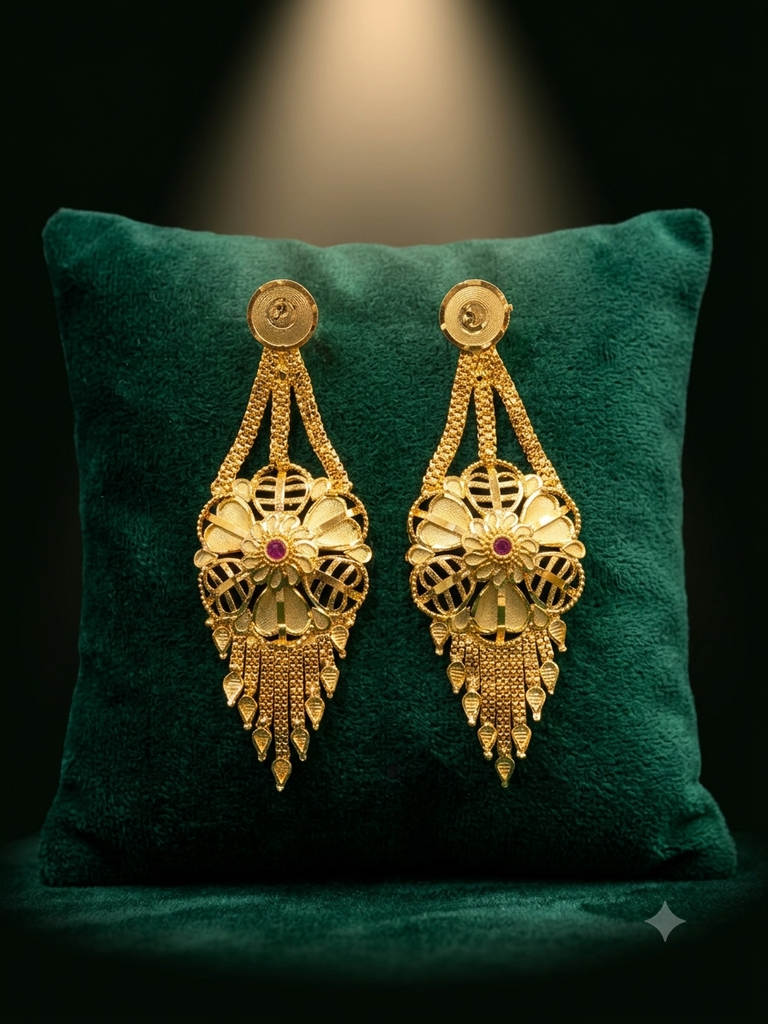 Gold-Plated Floral Chandelier Earrings with Ruby Accent