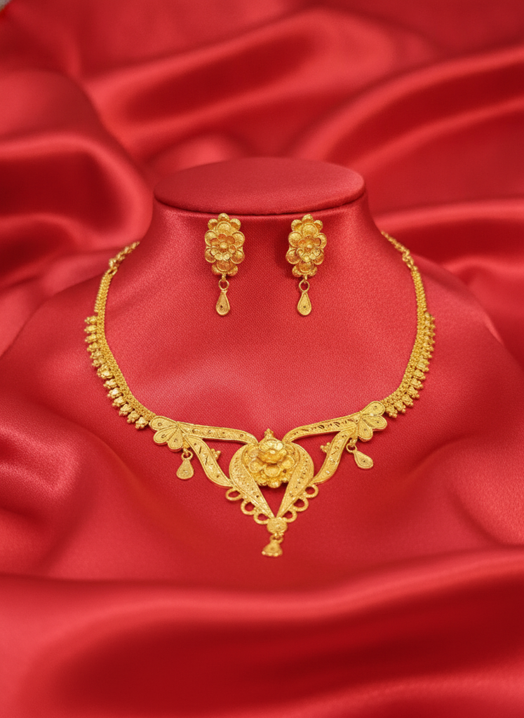 Gold Plated Floral Short Necklace Set with Earrings