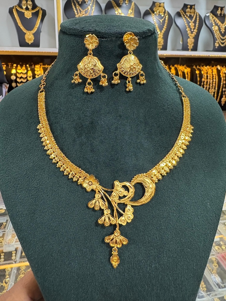 Gold Plated Floral Choker Necklace & Jhumki Earring Set