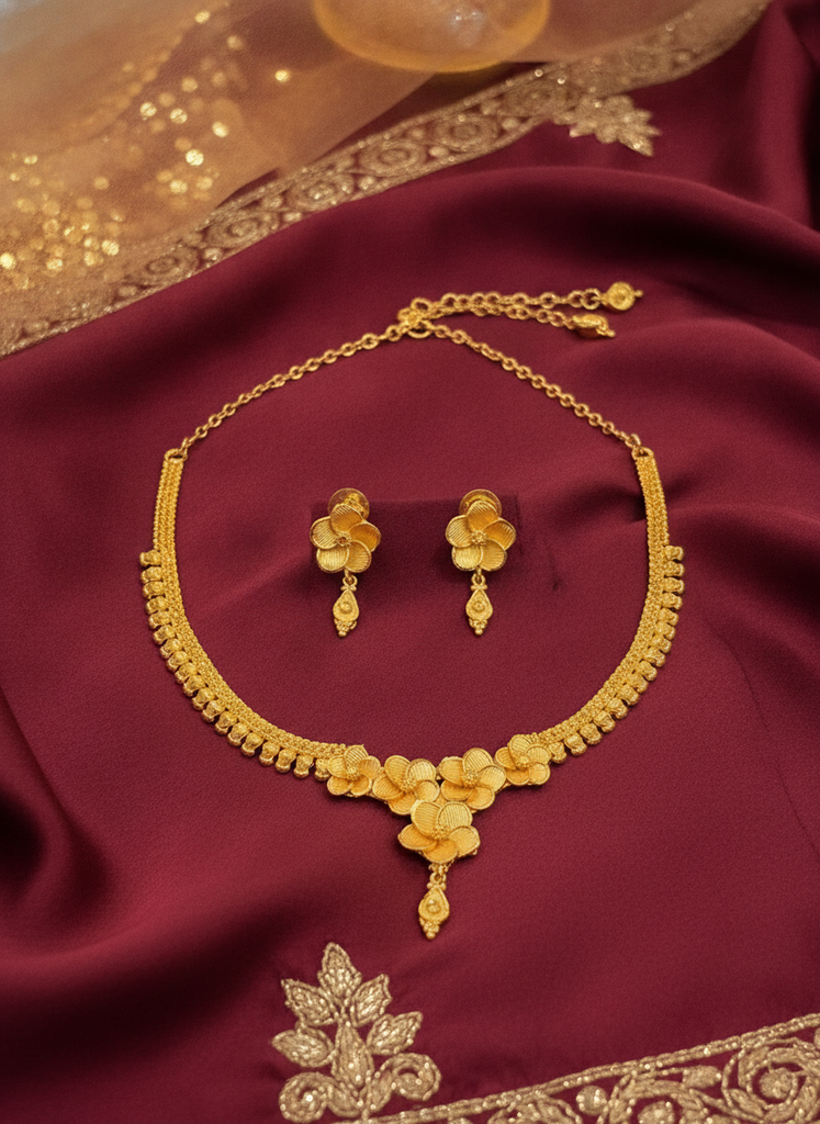 Gold Plated Floral Cluster Necklace & Drop Earring Set