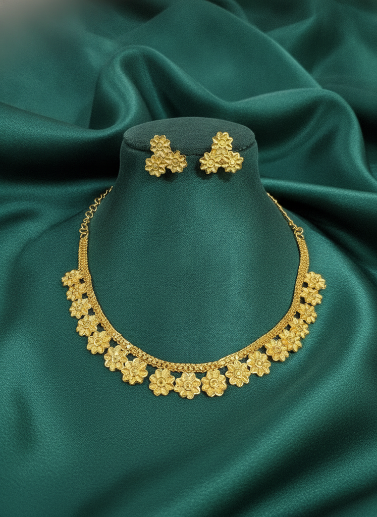 Gold Plated Floral Motif Necklace & Stud Earring Set
