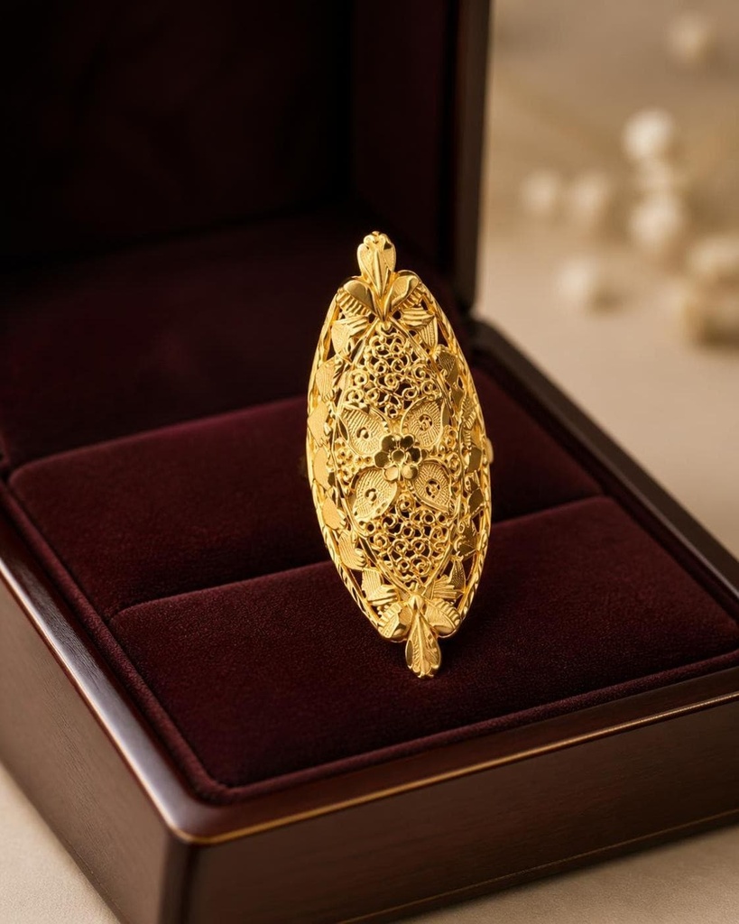1 Gram Gold Long Filigree Ring | Free Size | Traditional Floral Design